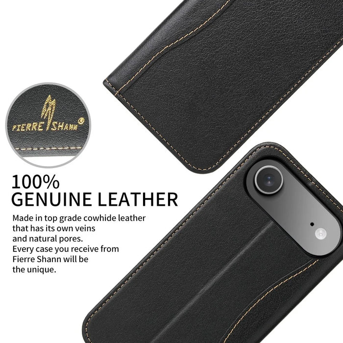 FIERRE SHANN For iPhone Air Case Wallet Stitching Craft Genuine Cow Leather Phone Cover - Black - 5