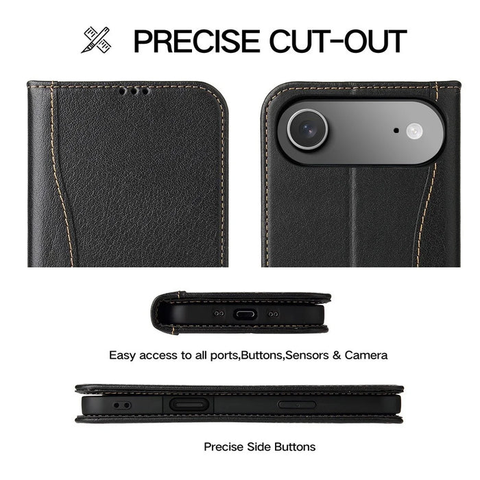 FIERRE SHANN For iPhone Air Case Wallet Stitching Craft Genuine Cow Leather Phone Cover - Black - 7
