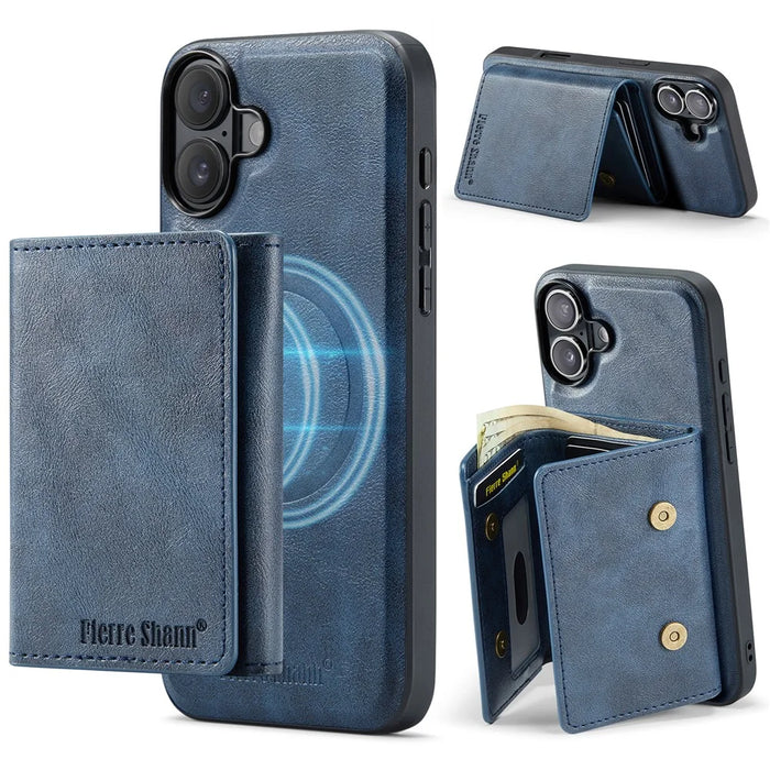 FIERRE SHANN FS030 For iPhone 17 Magnetic Case Tri-Fold Wallet Leather Back Cover with Card Holder - Blue - 1