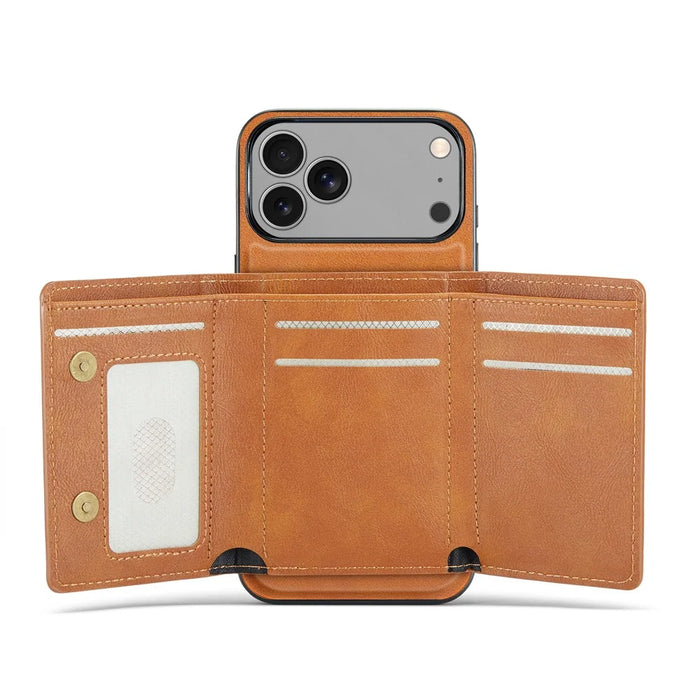 FIERRE SHANN FS030 For iPhone 17 Pro Magnetic Case Tri-Fold Wallet Leather Back Cover with Card Holder - Brown - 2