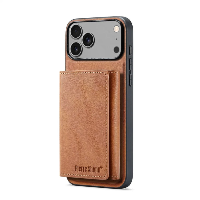 FIERRE SHANN FS030 For iPhone 17 Pro Magnetic Case Tri-Fold Wallet Leather Back Cover with Card Holder - Brown - 5