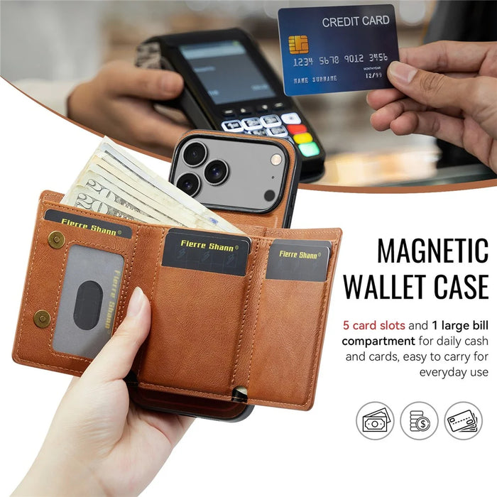 FIERRE SHANN FS030 For iPhone 17 Pro Magnetic Case Tri-Fold Wallet Leather Back Cover with Card Holder - Brown - 6