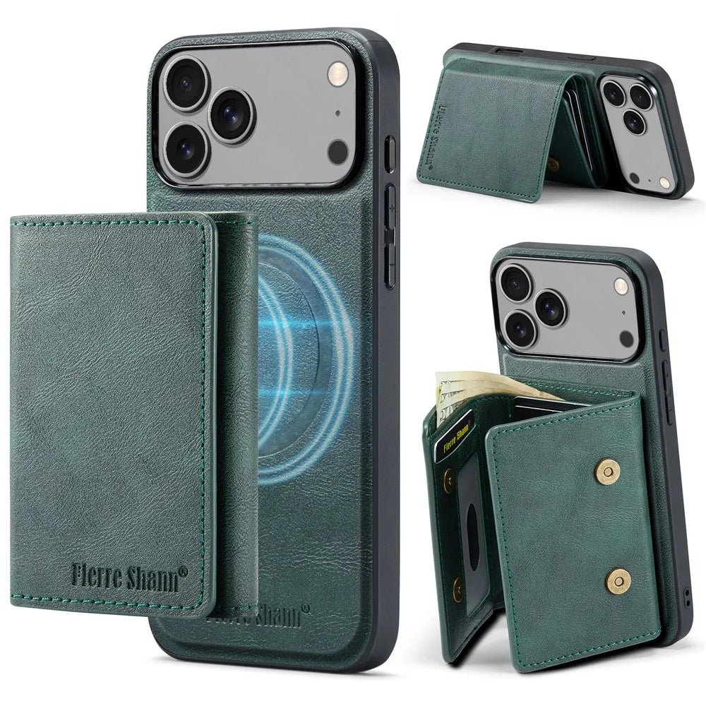 FIERRE SHANN FS030 For iPhone 17 Pro Max Magnetic Case Tri-Fold Wallet Leather Back Cover with Card Holder - Green - 1