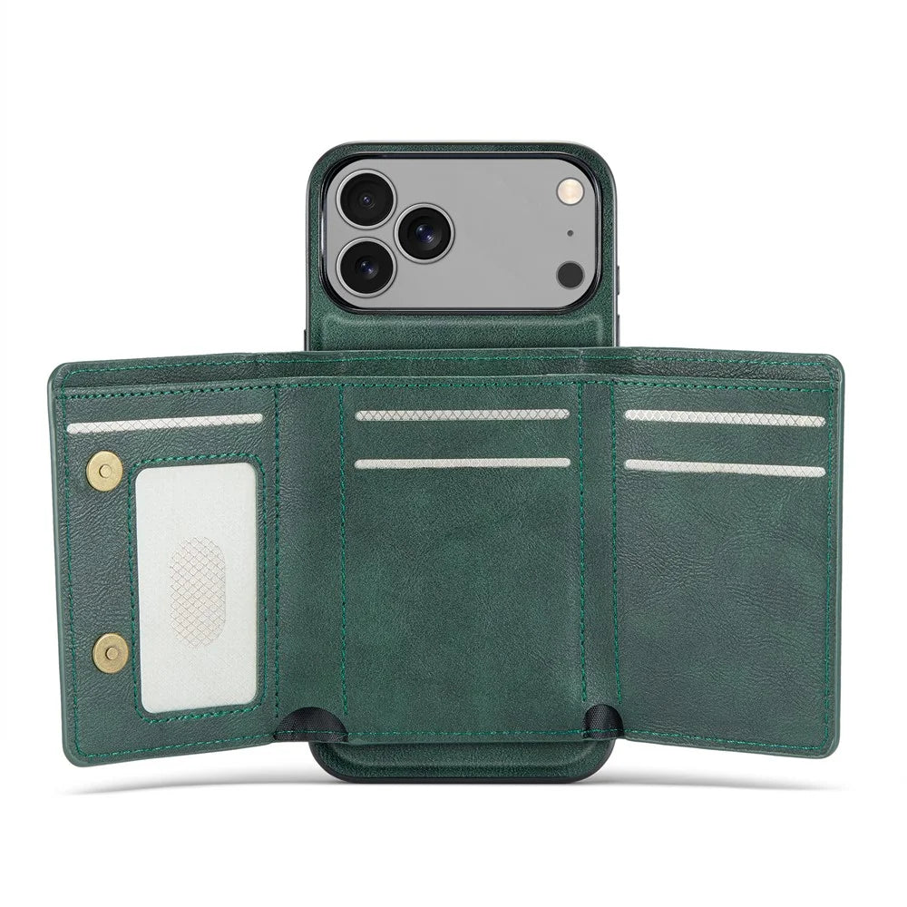 FIERRE SHANN FS030 For iPhone 17 Pro Max Magnetic Case Tri-Fold Wallet Leather Back Cover with Card Holder - Green - 2
