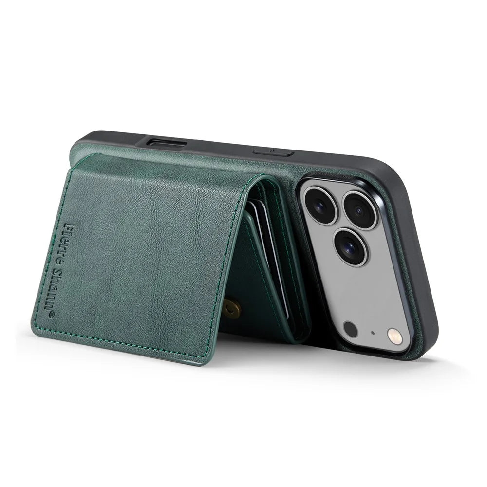 FIERRE SHANN FS030 For iPhone 17 Pro Max Magnetic Case Tri-Fold Wallet Leather Back Cover with Card Holder - Green - 3