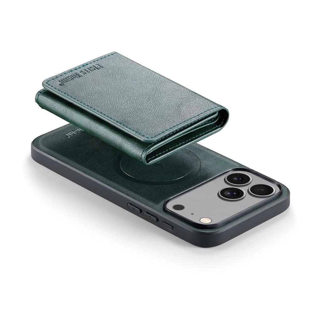 FIERRE SHANN FS030 For iPhone 17 Pro Max Magnetic Case Tri-Fold Wallet Leather Back Cover with Card Holder - Green - 4