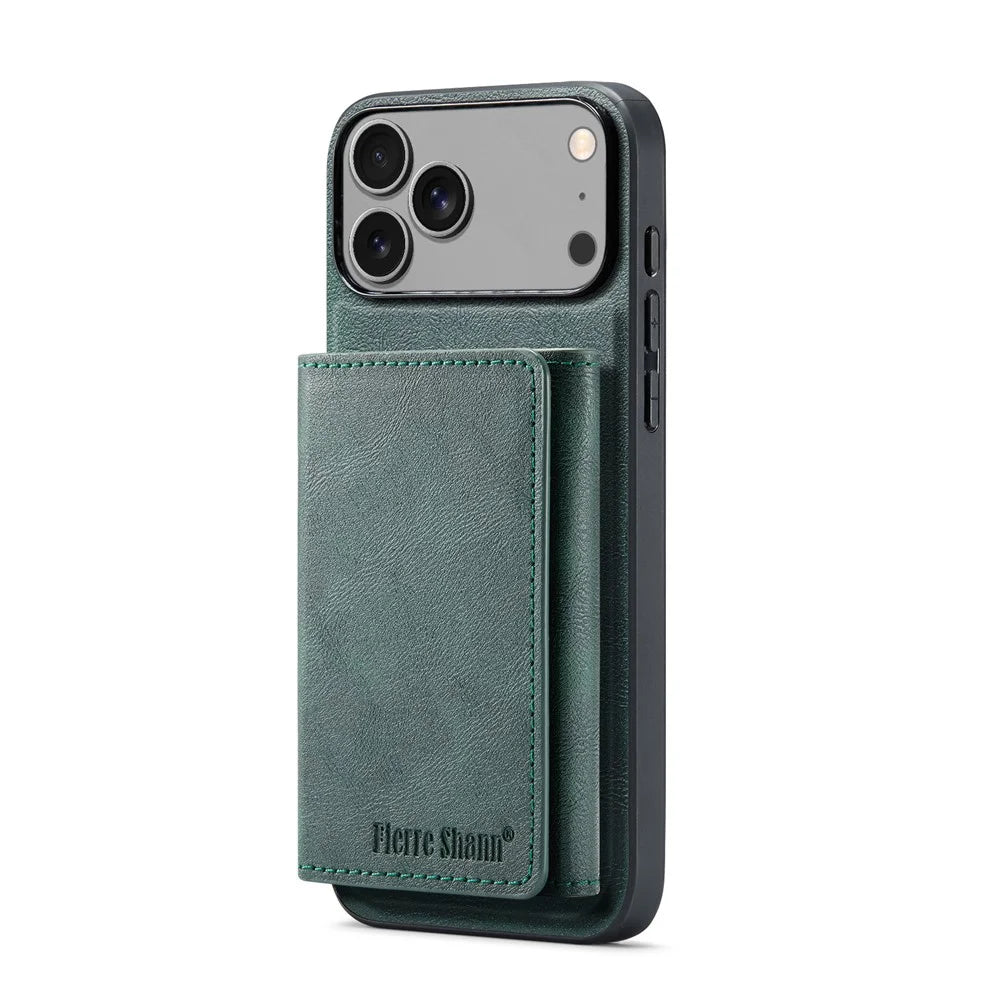FIERRE SHANN FS030 For iPhone 17 Pro Max Magnetic Case Tri-Fold Wallet Leather Back Cover with Card Holder - Green - 5