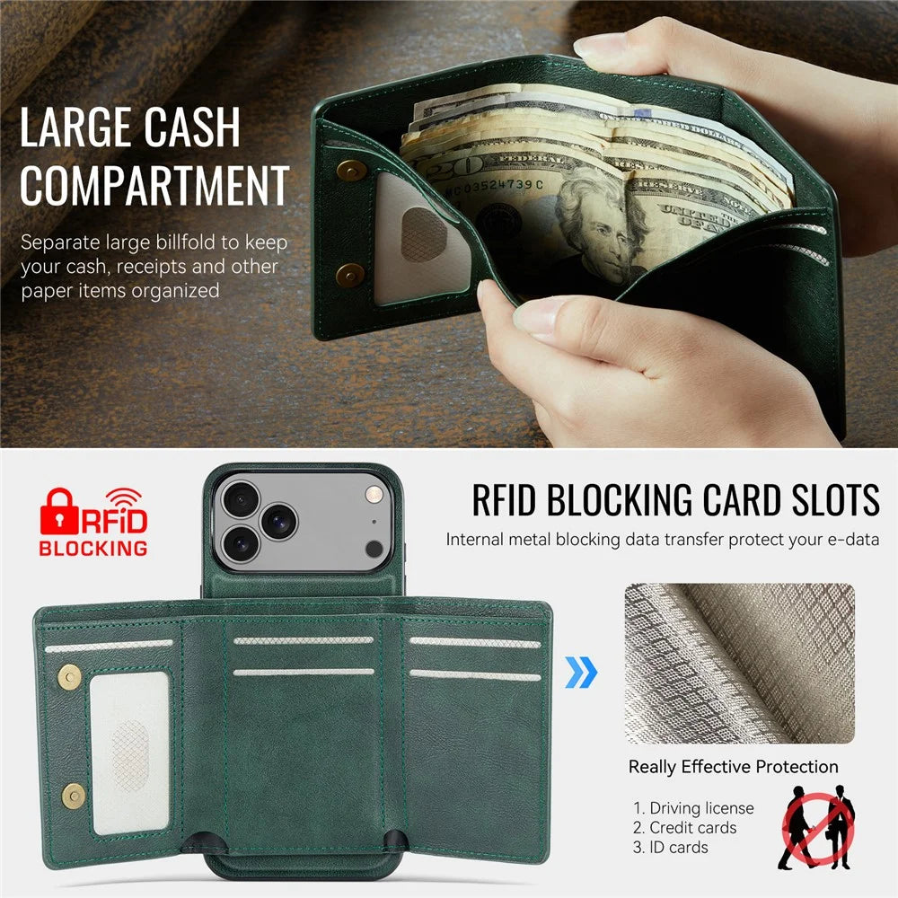 FIERRE SHANN FS030 For iPhone 17 Pro Max Magnetic Case Tri-Fold Wallet Leather Back Cover with Card Holder - Green - 7