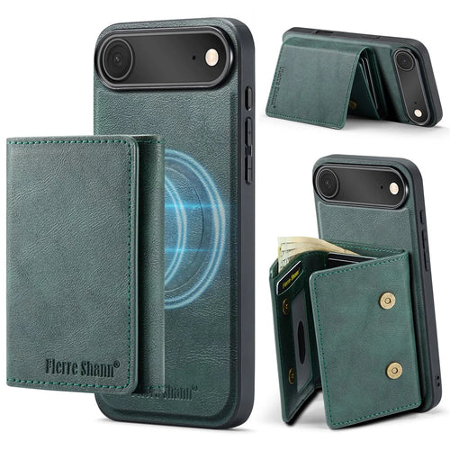 FIERRE SHANN FS030 For iPhone Air Magnetic Case Tri-Fold Wallet Leather Back Cover with Card Holder - Green - 1