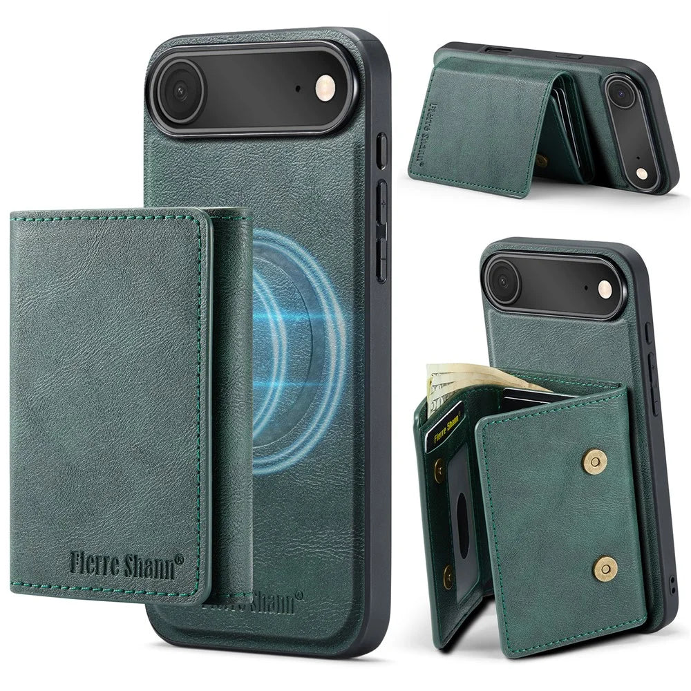 FIERRE SHANN FS030 For iPhone Air Magnetic Case Tri-Fold Wallet Leather Back Cover with Card Holder - Green - 1