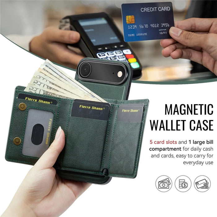 FIERRE SHANN FS030 For iPhone Air Magnetic Case Tri-Fold Wallet Leather Back Cover with Card Holder - Green - 5