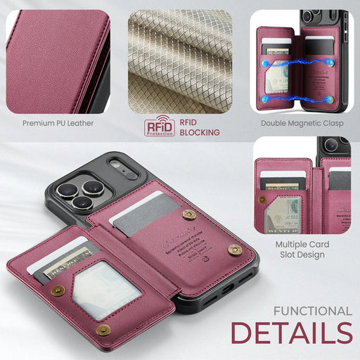 CASEME For iPhone 18 Pro / 17 Pro Case with RFID Blocking 5 Card Slots  C22 Leather Back Cover - Red - 2