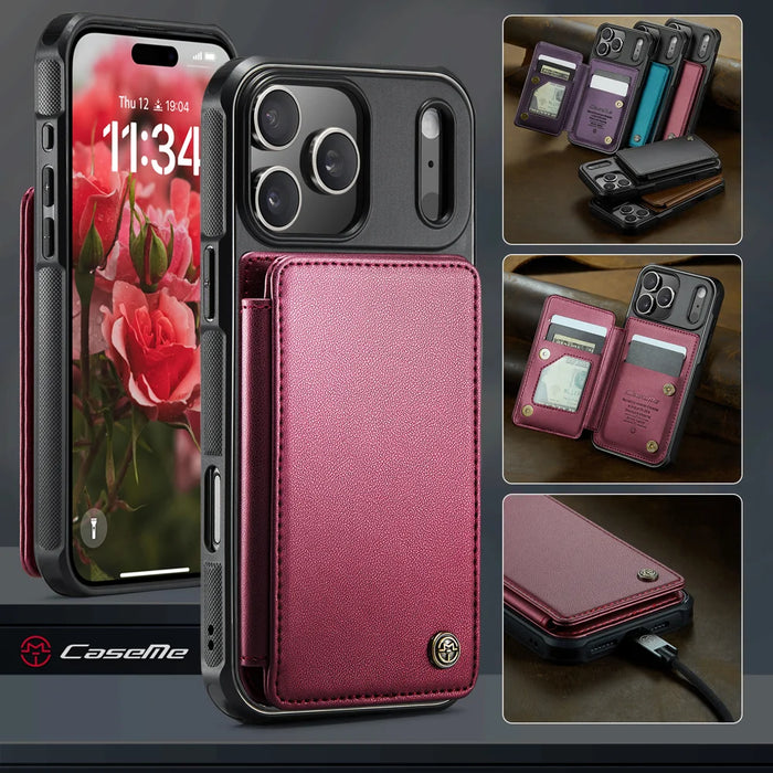 CASEME For iPhone 18 Pro / 17 Pro Case with RFID Blocking 5 Card Slots  C22 Leather Back Cover - Red - 4