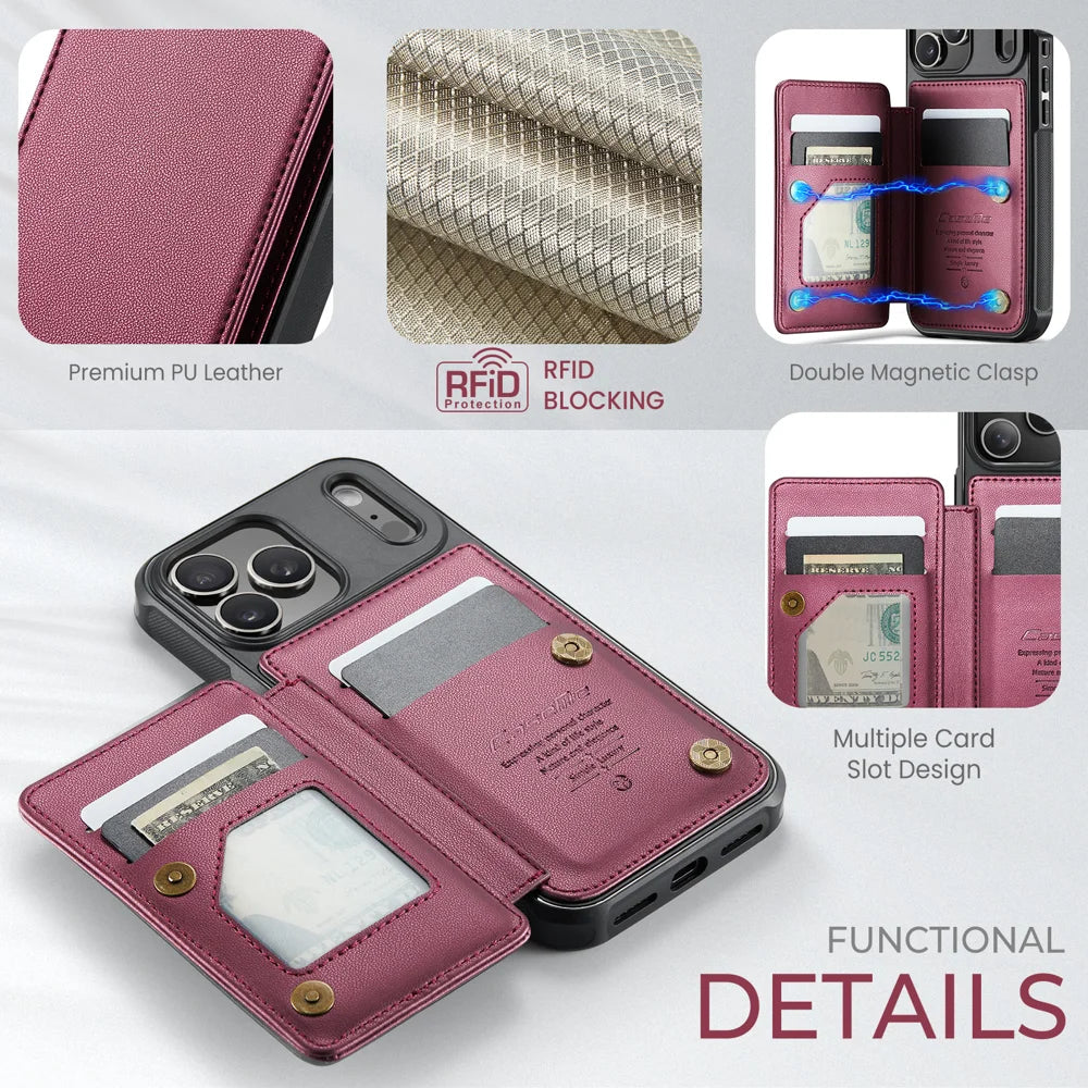 CASEME For iPhone 18 Pro Max / 17 Pro Max Case with RFID Blocking 5 Card Slots  C22 Leather Back Cover - Red - 2