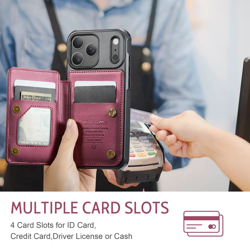 CASEME For iPhone 18 Pro Max / 17 Pro Max Case with RFID Blocking 5 Card Slots  C22 Leather Back Cover - Red - 3