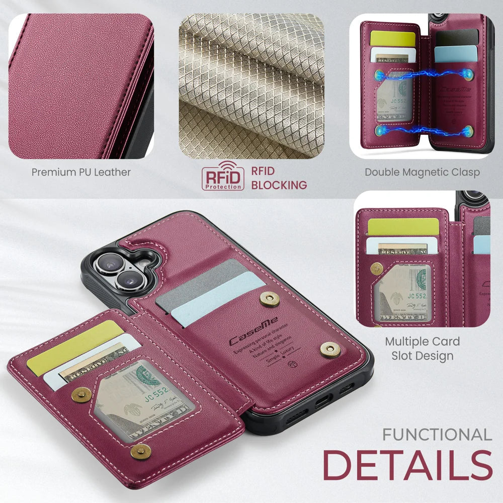 CASEME For iPhone 17 Case with RFID Blocking 5 Card Slots  C22 Leather Back Cover - Red - 2