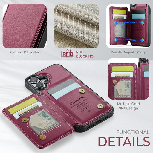 CASEME For iPhone 17 Case with RFID Blocking 5 Card Slots  C22 Leather Back Cover - Red - 2