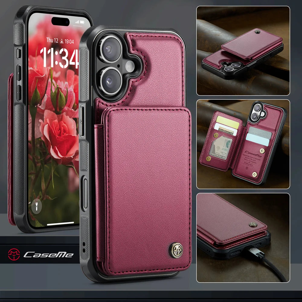CASEME For iPhone 17 Case with RFID Blocking 5 Card Slots  C22 Leather Back Cover - Red - 4
