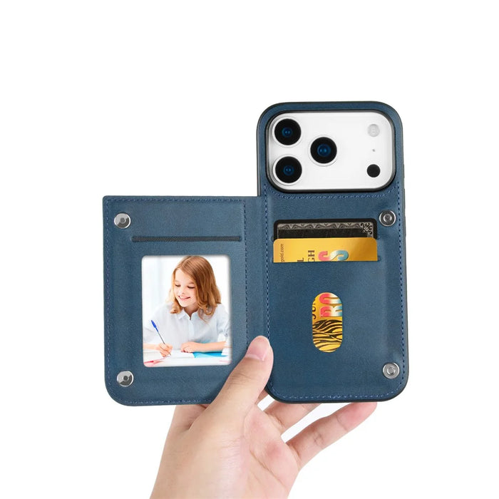 HANMAN Mika Series For iPhone 17 Pro Case with Card Holder PU Leather + TPU Back Cover - Blue - 3