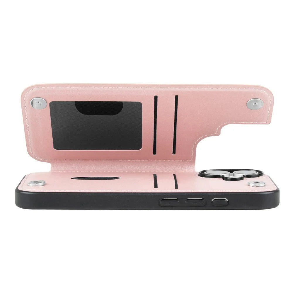 HANMAN Mika Series For iPhone 17 Case with Card Holder PU Leather + TPU Back Cover - Rose Gold - 2