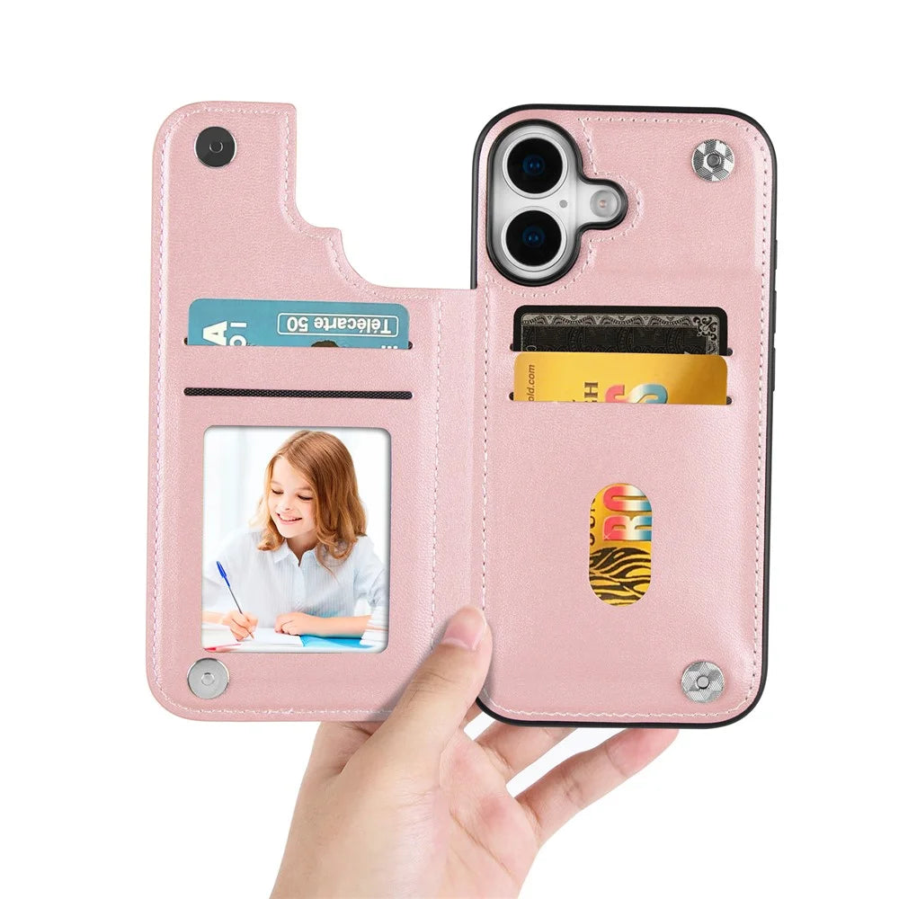 HANMAN Mika Series For iPhone 17 Case with Card Holder PU Leather + TPU Back Cover - Rose Gold - 3