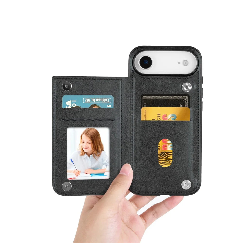 HANMAN Mika Series For iPhone Air Case with Card Holder PU Leather + TPU Back Cover - Black - 3