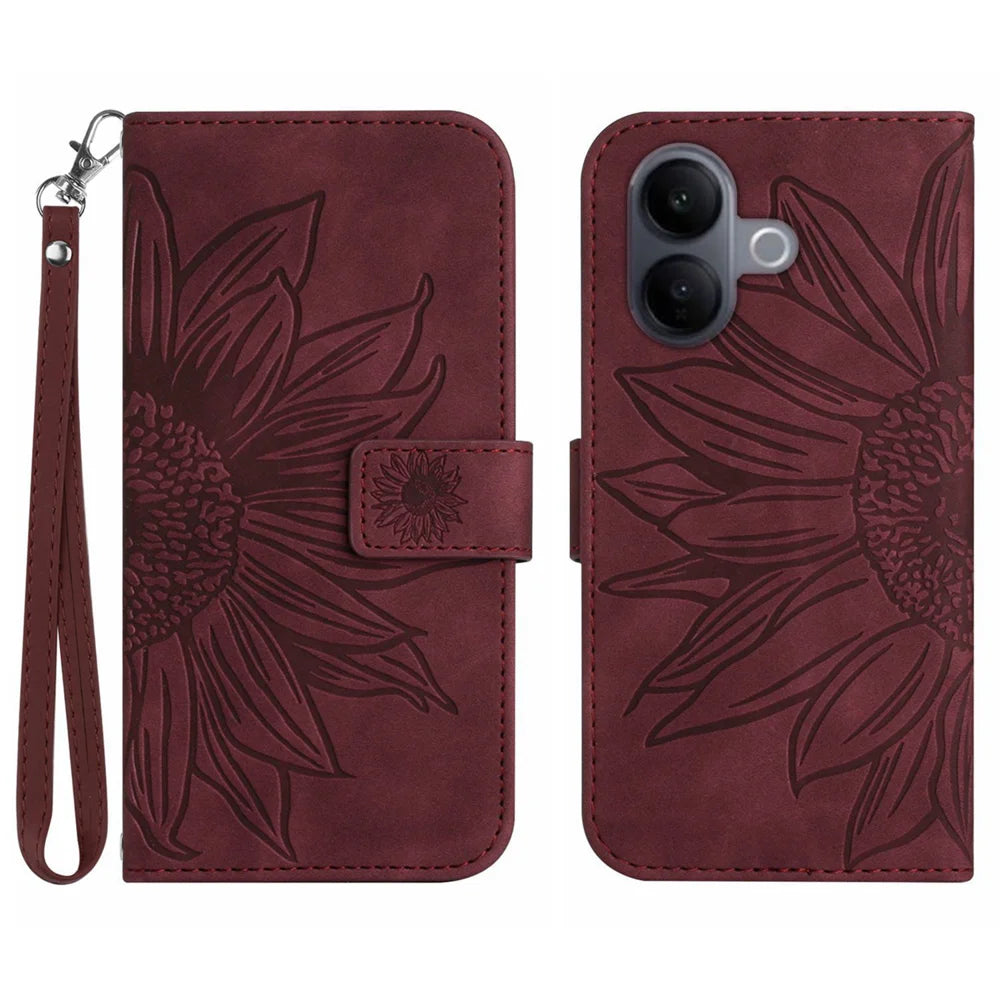 For vivo V60 Lite 5G Case Sunflower Imprint Leather Wallet Phone Cover with Wrist Strap - Wine Red - 1