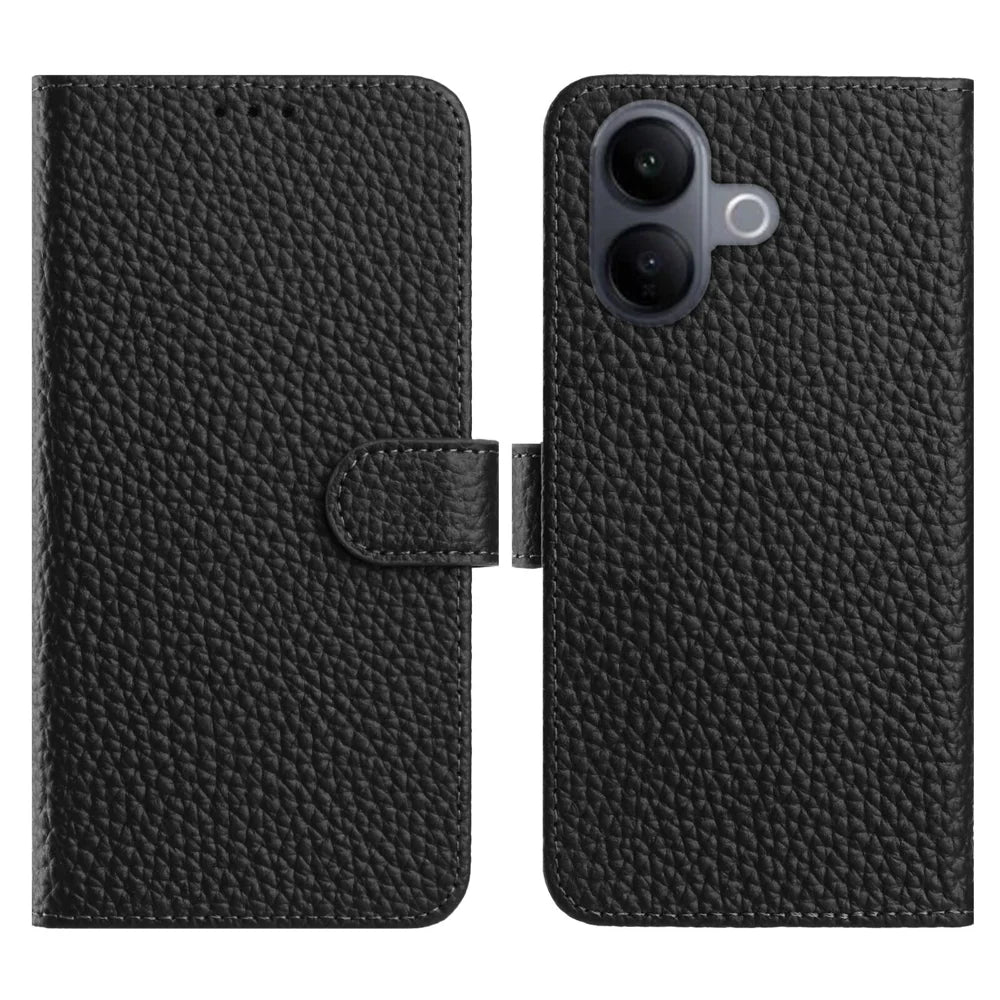 For vivo V60 Lite 5G Case Wallet Stand Litchi Texture Genuine Cow Leather Flip Phone Cover - Black - 1