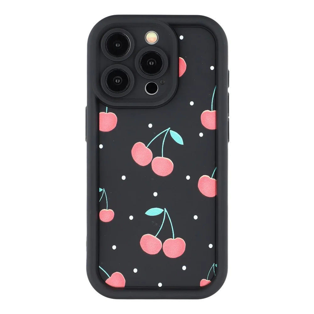For iPhone 12 Pro Case Aesthetic Pattern Print TPU Shockproof Phone Cover - Cherry / Black - 3