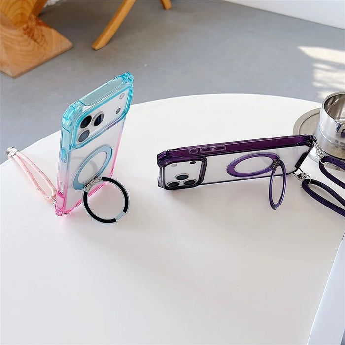 For iPhone 17 Pro Max Magnetic Case Ring Kickstand TPU + PC Phone Cover with Lanyard - Gradient Blue  /  Pink - 2