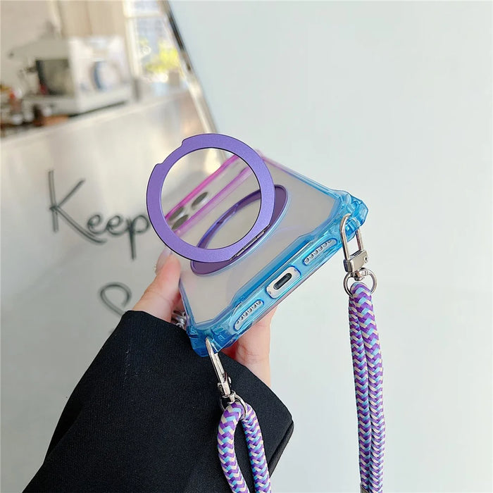 For iPhone 17 Pro Max Magnetic Case Ring Kickstand TPU + PC Phone Cover with Lanyard - Gradient Blue  /  Pink - 4