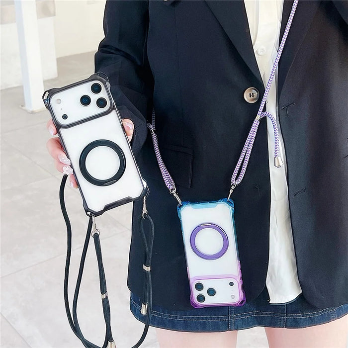 For iPhone 17 Pro Max Magnetic Case Ring Kickstand TPU + PC Phone Cover with Lanyard - Gradient Blue  /  Pink - 5