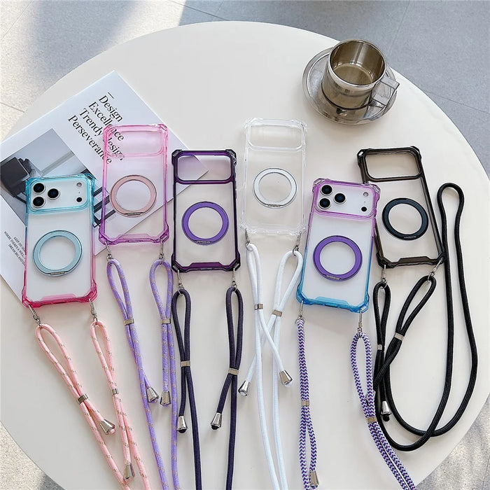 For iPhone 17 Pro Max Magnetic Case Ring Kickstand TPU + PC Phone Cover with Lanyard - Gradient Blue  /  Pink - 6