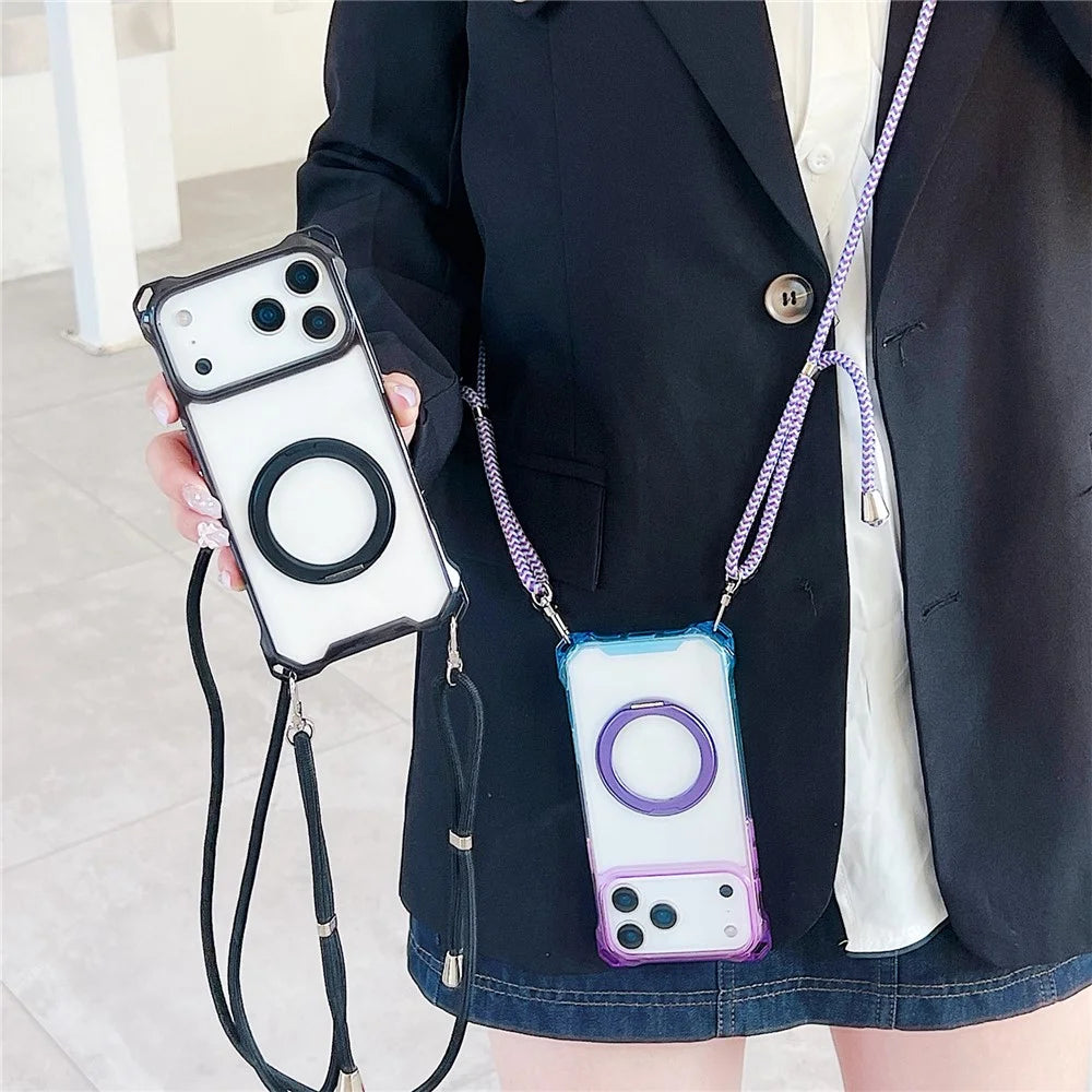 For iPhone 17 Pro Magnetic Case Ring Kickstand TPU + PC Phone Cover with Lanyard - Gradient Blue  /  Pink - 5