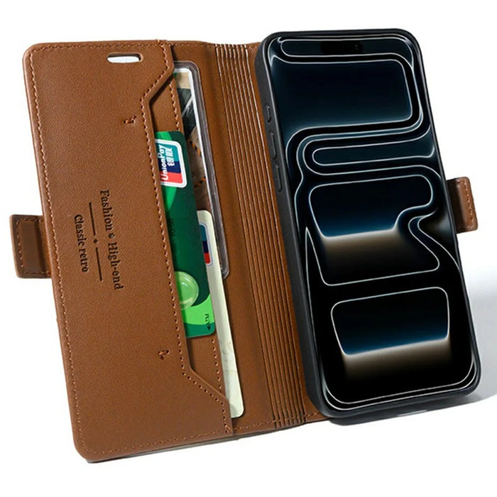 For iPhone 18 Pro / 17 Pro Case Wallet Stand Magnetic Closure Flip Leather Phone Cover - Brown - 3