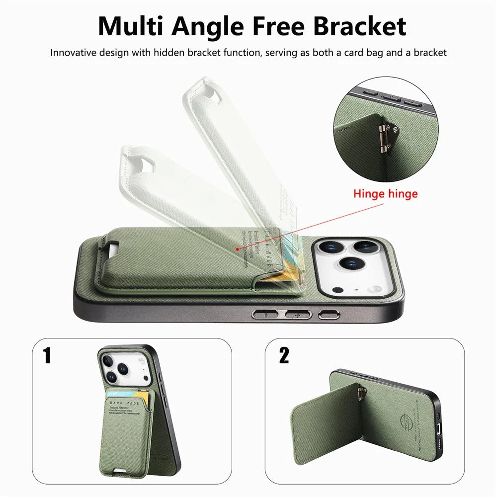 For iPhone 17 Pro Case Cloth Texture Leather + PC + TPU Phone Cover with Card Holder Kickstand - Green - 6