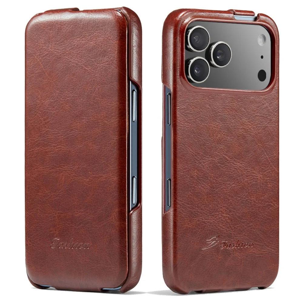 For iPhone 17 Pro Max Case Vertical Flip PU Leather + PC Phone Cover - Brown - 1