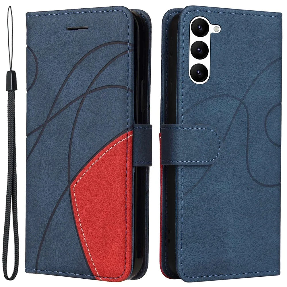 For Samsung Galaxy S23 Leather Case Wallet Stand Color Splicing Phone Cover - Blue - 1