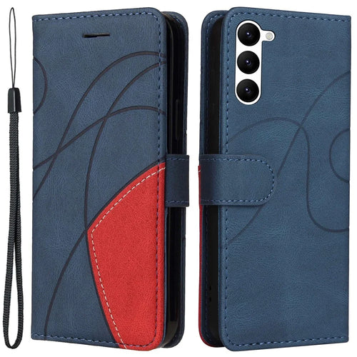 For Samsung Galaxy S23 Leather Case Wallet Stand Color Splicing Phone Cover - Blue - 1