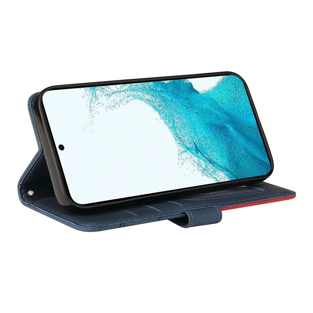 For Samsung Galaxy S23 Leather Case Wallet Stand Color Splicing Phone Cover - Blue - 3