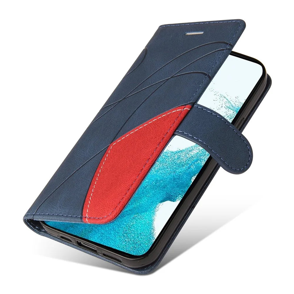 For Samsung Galaxy S23 Leather Case Wallet Stand Color Splicing Phone Cover - Blue - 6