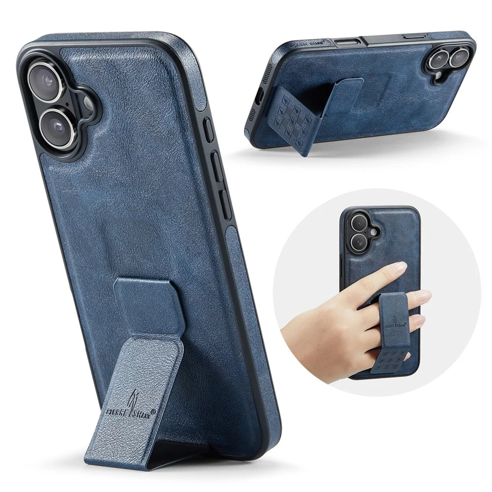 FIERRE SHANN For iPhone 17 Case Kickstand Leather Slim Back Cover - Blue - 1
