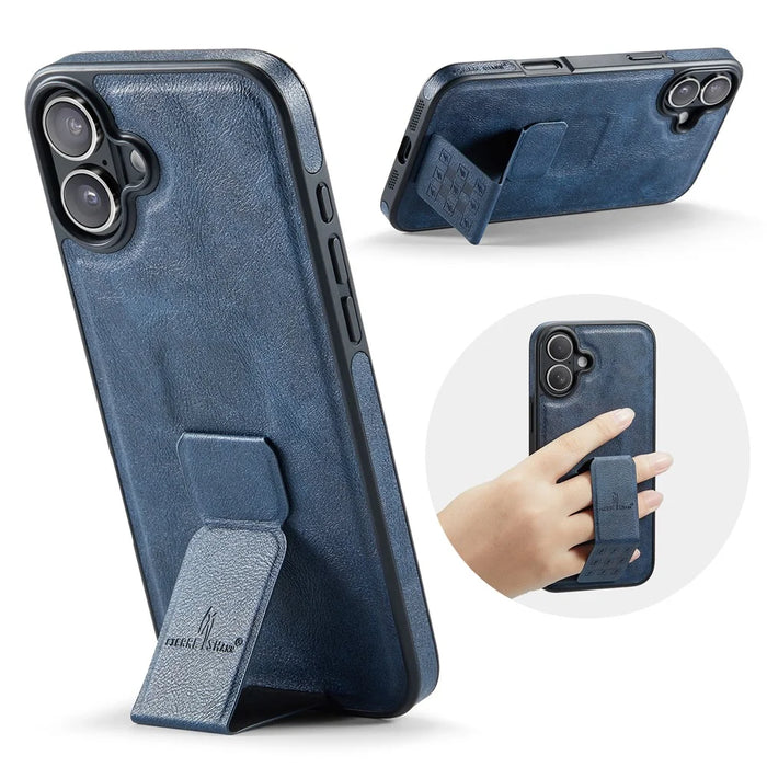 FIERRE SHANN For iPhone 17 Case Kickstand Leather Slim Back Cover - Blue - 1