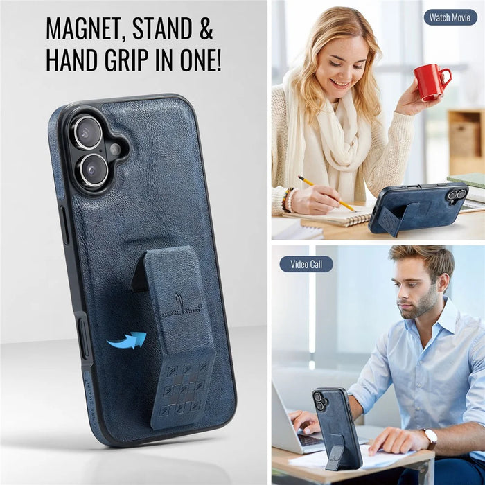 FIERRE SHANN For iPhone 17 Case Kickstand Leather Slim Back Cover - Blue - 5
