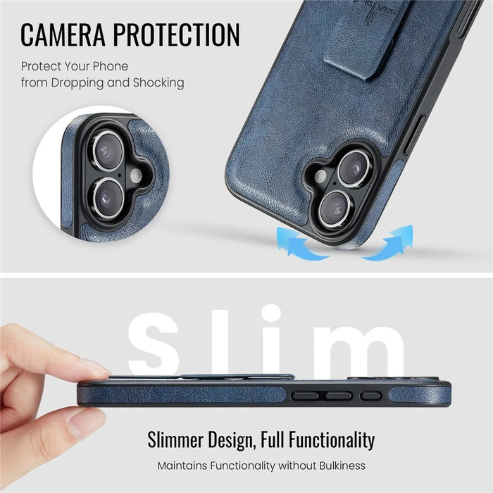 FIERRE SHANN For iPhone 17 Case Kickstand Leather Slim Back Cover - Blue - 6