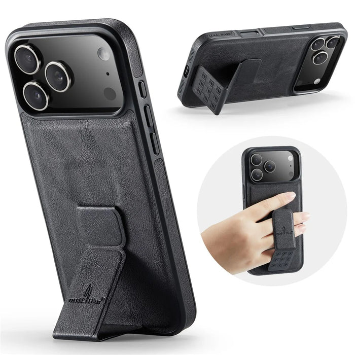 FIERRE SHANN For iPhone 17 Pro Case Kickstand Leather Slim Back Cover - Black - 1