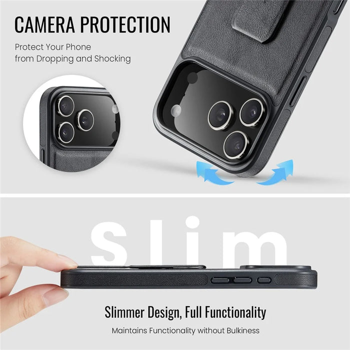 FIERRE SHANN For iPhone 17 Pro Case Kickstand Leather Slim Back Cover - Black - 7
