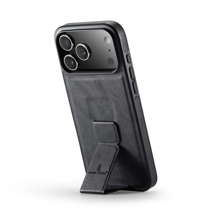 FIERRE SHANN For iPhone 17 Pro Case Kickstand Leather Slim Back Cover - Black - 2