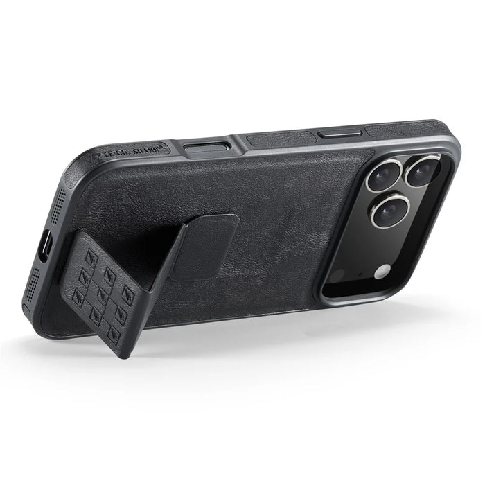 FIERRE SHANN For iPhone 17 Pro Case Kickstand Leather Slim Back Cover - Black - 3