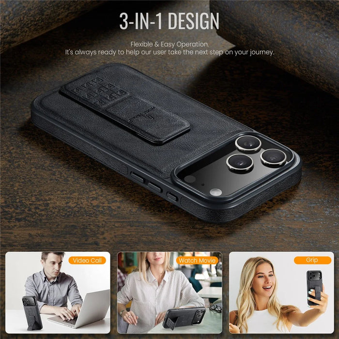 FIERRE SHANN For iPhone 17 Pro Case Kickstand Leather Slim Back Cover - Black - 4